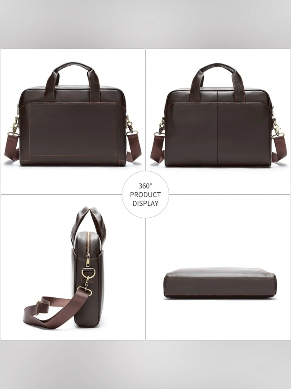Men's Brown Leather Briefcase with Adjustable Shoulder Strap